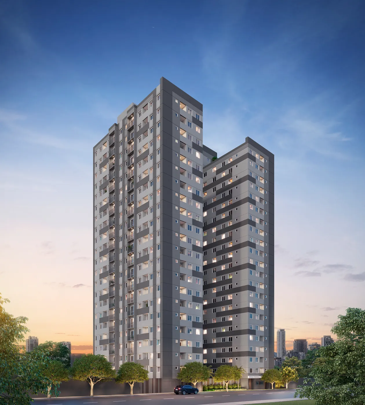 Fachada do Novolar Freguesia ao entardecer, torre única de 23 andares
